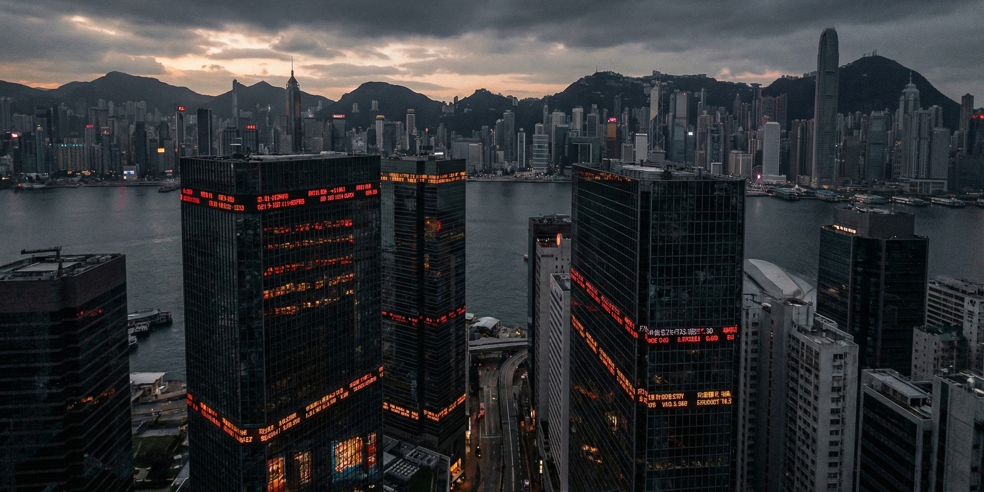 Financial district skyline reflected in glass with trading data overlays, Asian market decline visualization