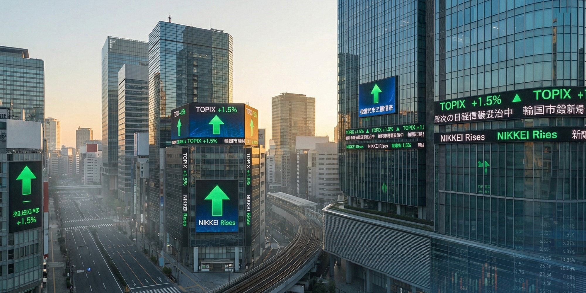 Tokyo financial district skyline at dawn with rising stock ticker displays reflecting market gains