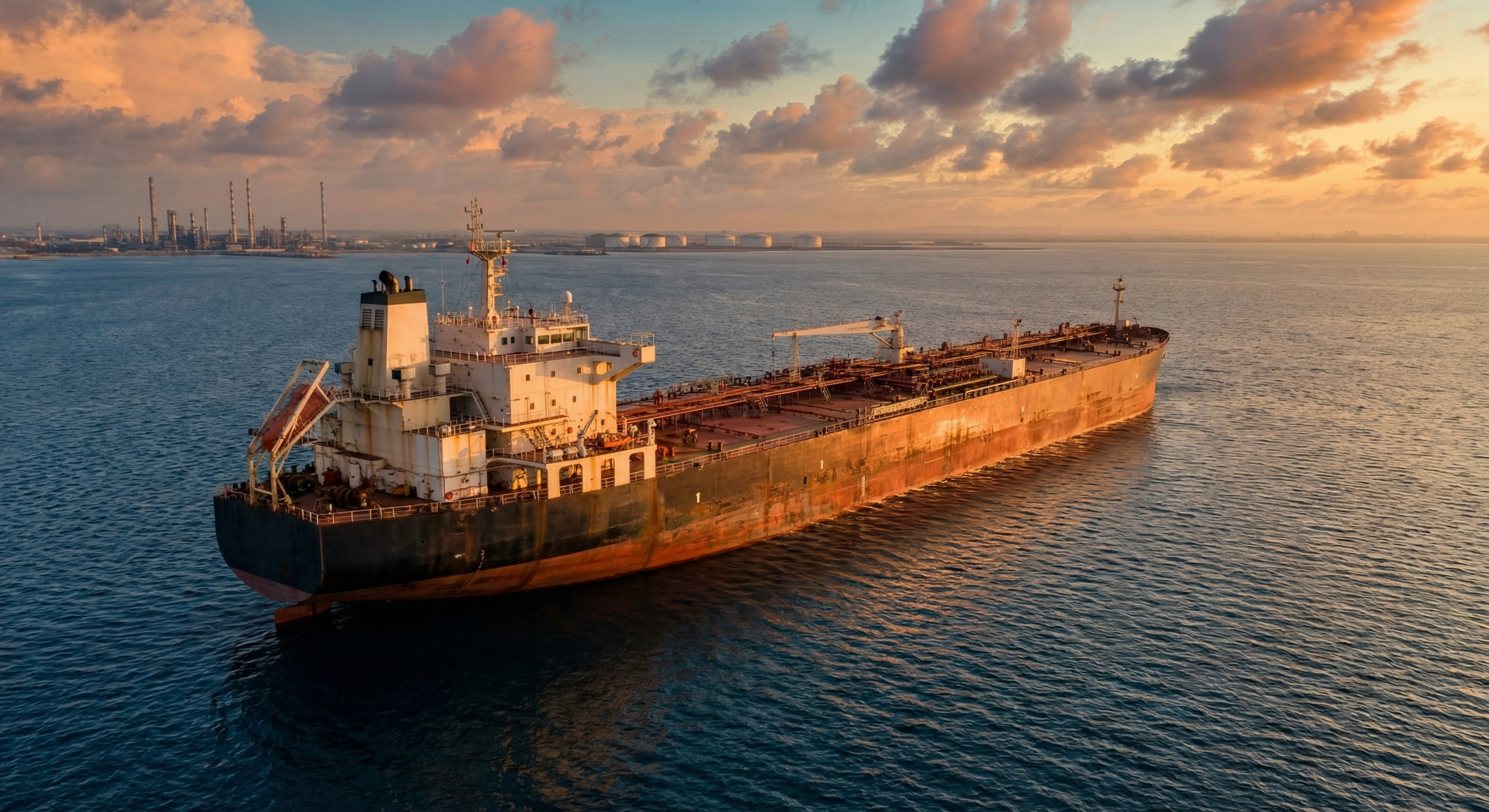 Crude oil supertanker navigating the Strait of Hormuz at golden hour, aerial perspective with amber light on calm water and refinery infrastructure on the horizon