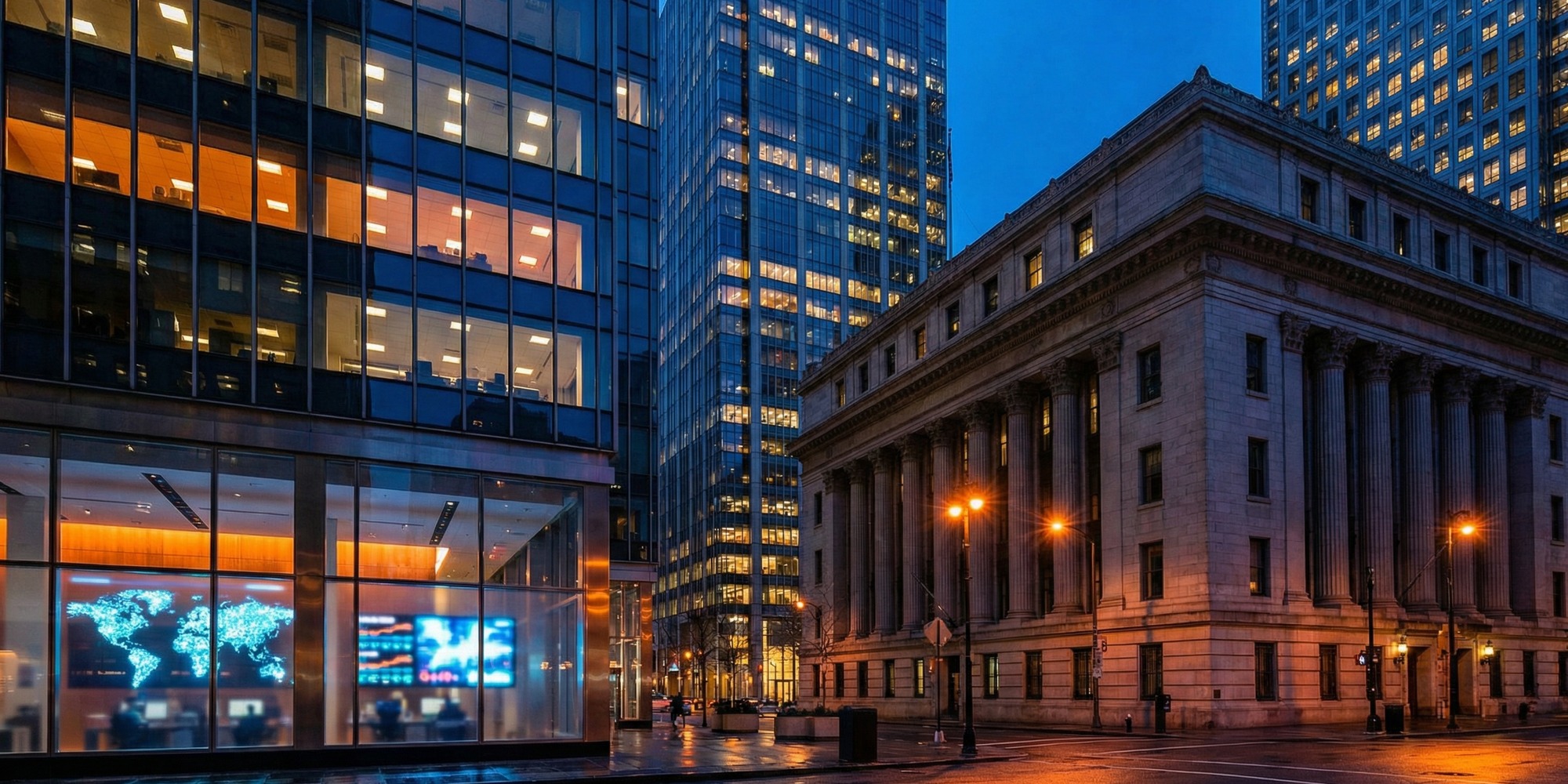 Central bank district skyline with policy building and market screens at blue hour