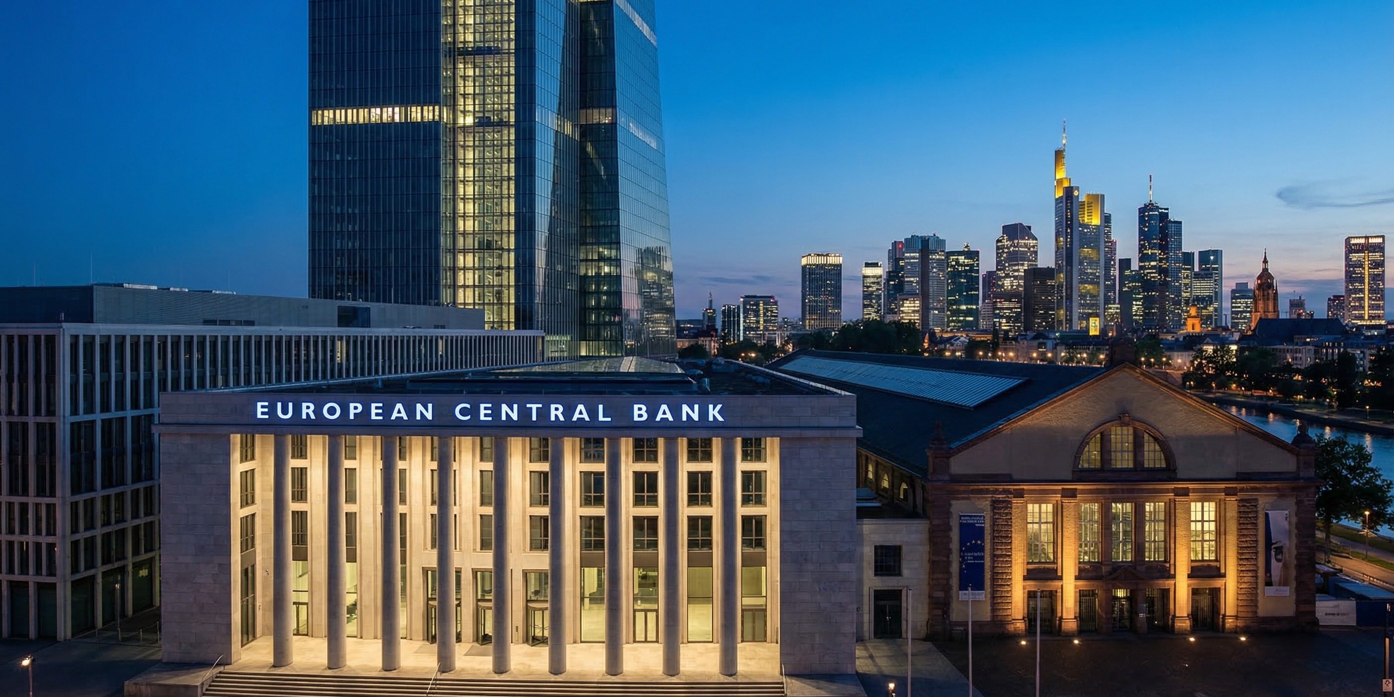 European Central Bank headquarters building in Frankfurt at dusk, wide-angle exterior with financial district in background