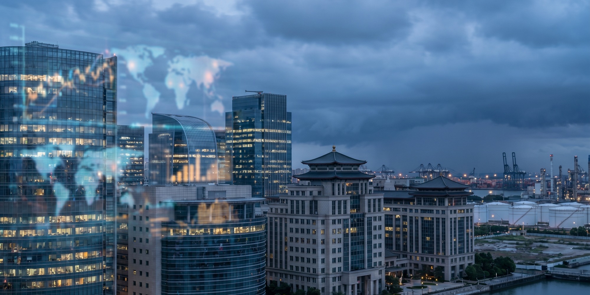 Central bank district skyline with energy risk backdrop