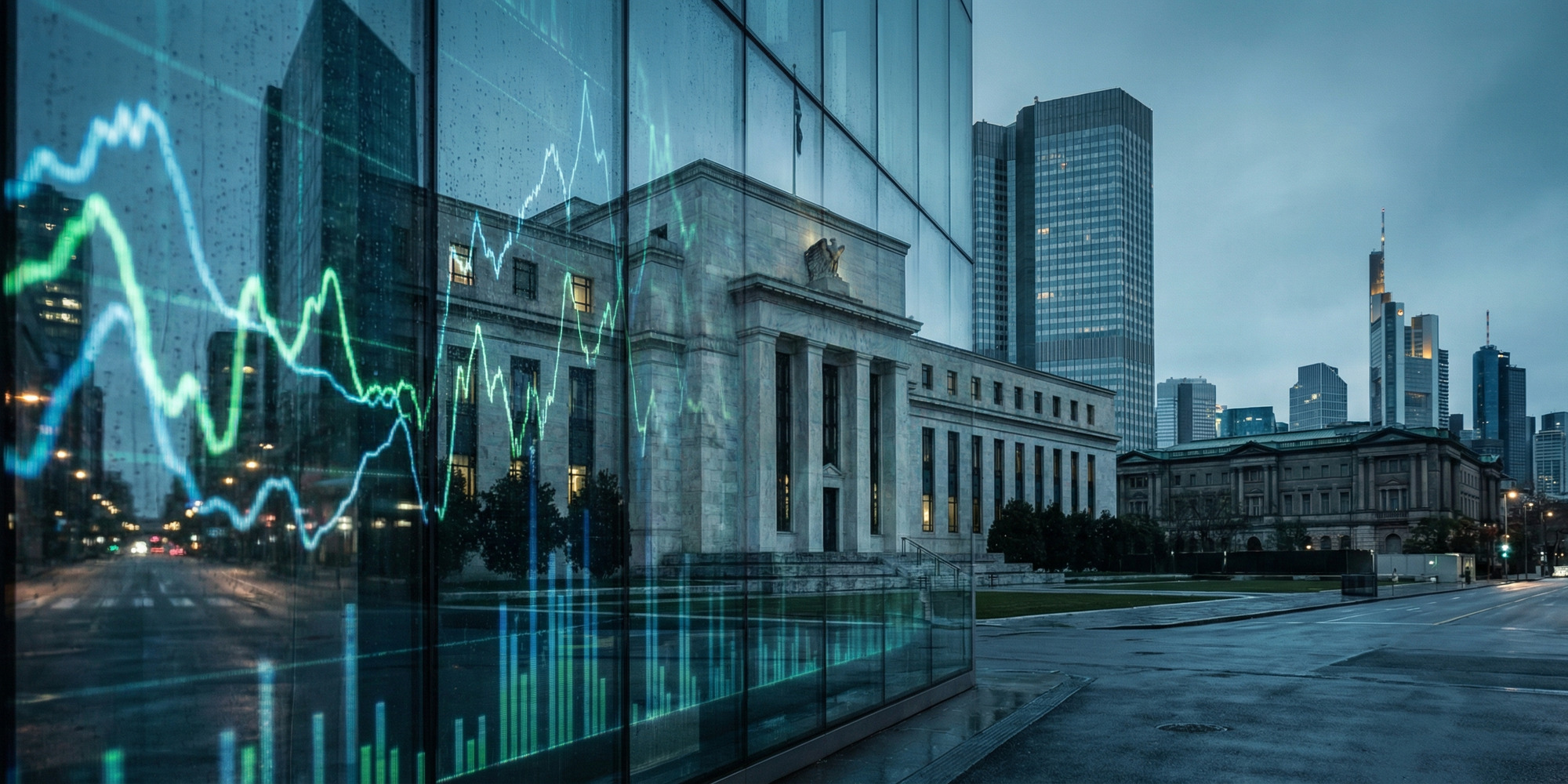 Night view of major central bank buildings with bond yield and currency screens