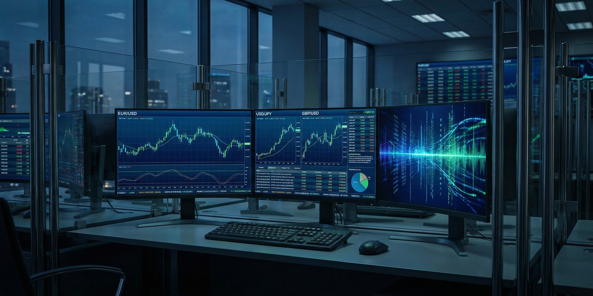 Professional forex trading terminal displaying EUR/USD, USD/JPY, and GBP/USD currency pair charts with candlestick patterns against a dark financial data backdrop