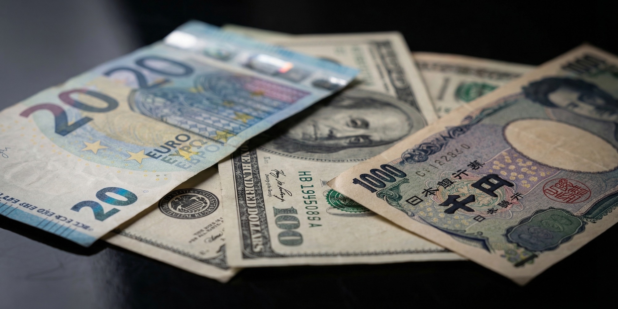 Euro, US dollar, and Japanese yen banknotes overlapping on a dark surface with shallow depth of field