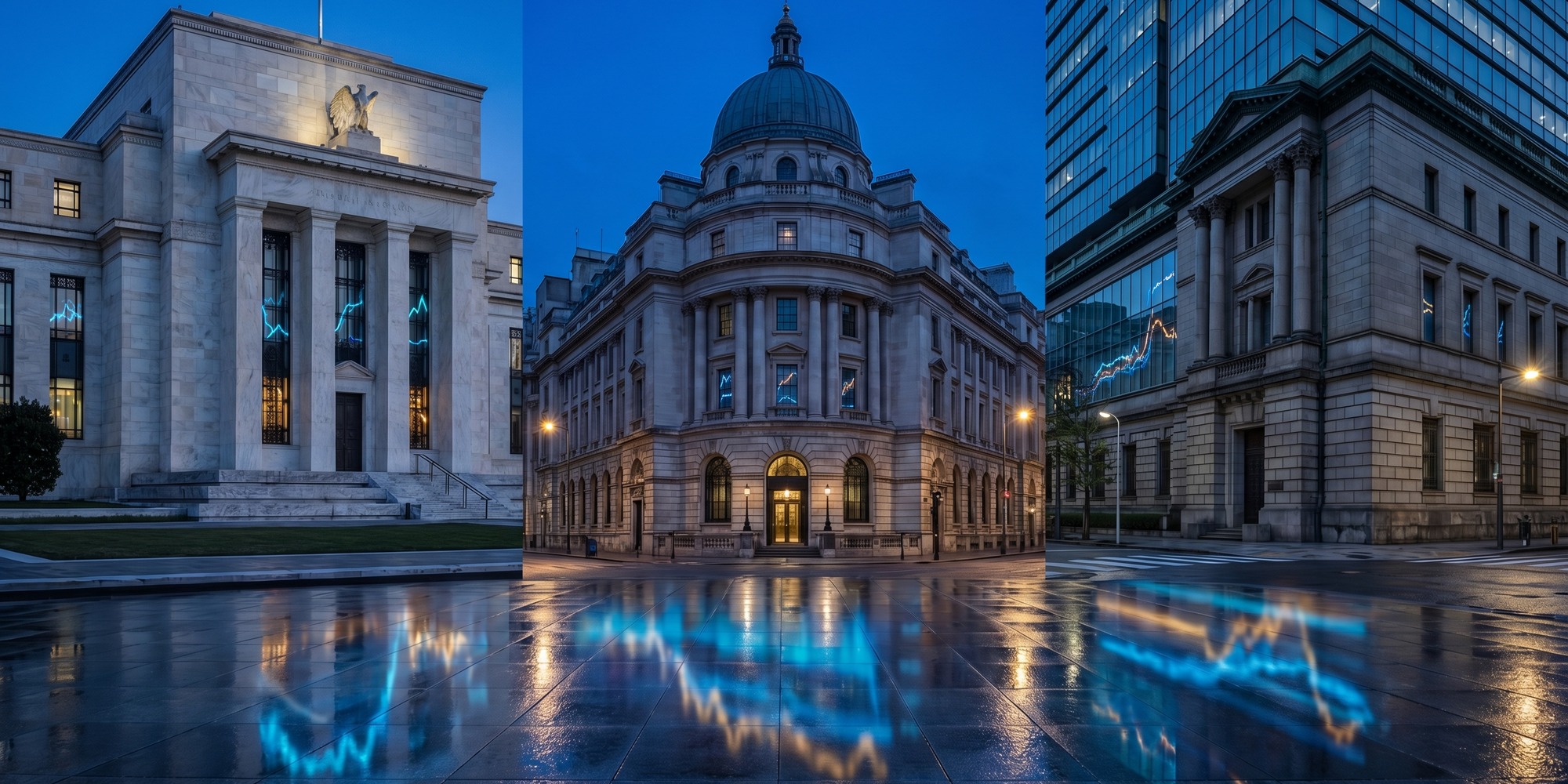 Federal Reserve, BOE, and BOJ policy buildings with yield curve reflections