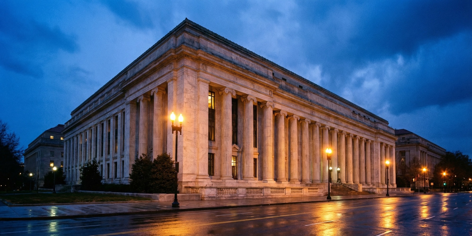 Neoclassical Federal Reserve building in Washington DC at dusk with marble columns and amber street lighting