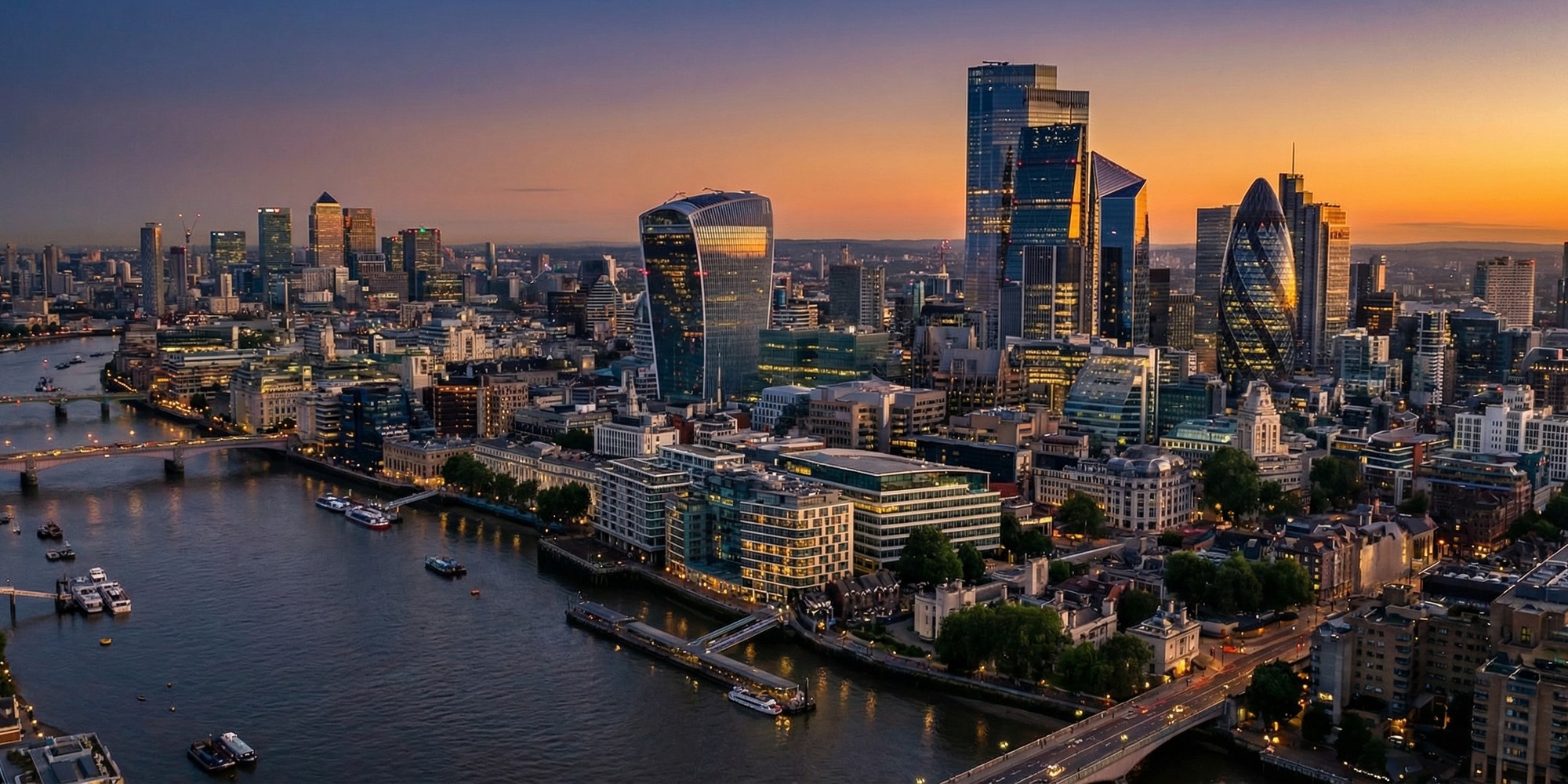 London financial district skyline with the City of London and Canary Wharf at dusk, stock tickers in foreground