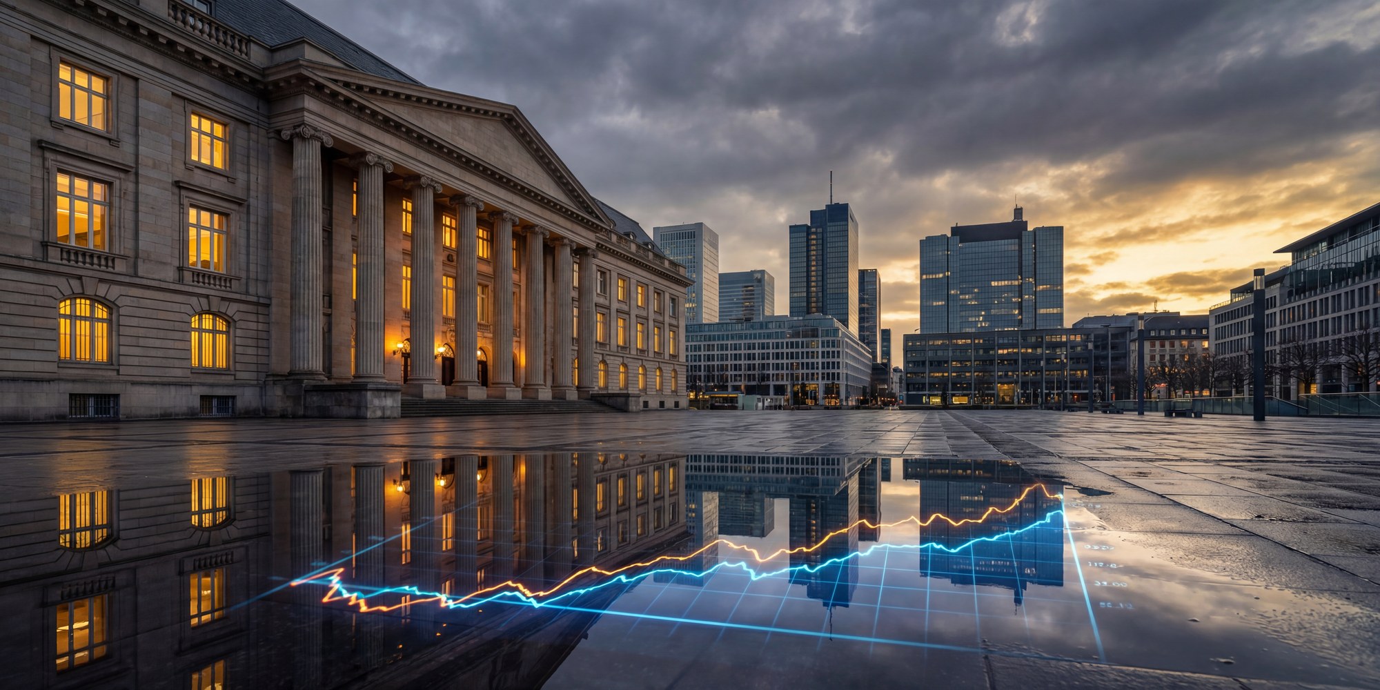 Norges Bank central bank building in Oslo at dusk with financial district towers and dramatic overcast sky