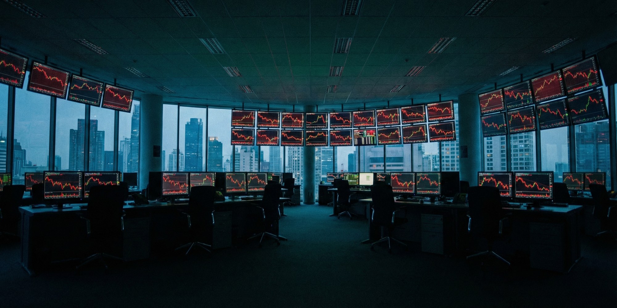 International trading floor at dusk with multiple screens showing red market charts and isolated green indicators against atmospheric dark blue-green lighting