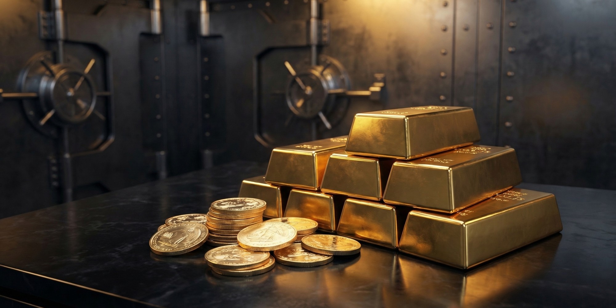 Gleaming gold bars and bullion coins stacked under warm amber light in a financial vault setting