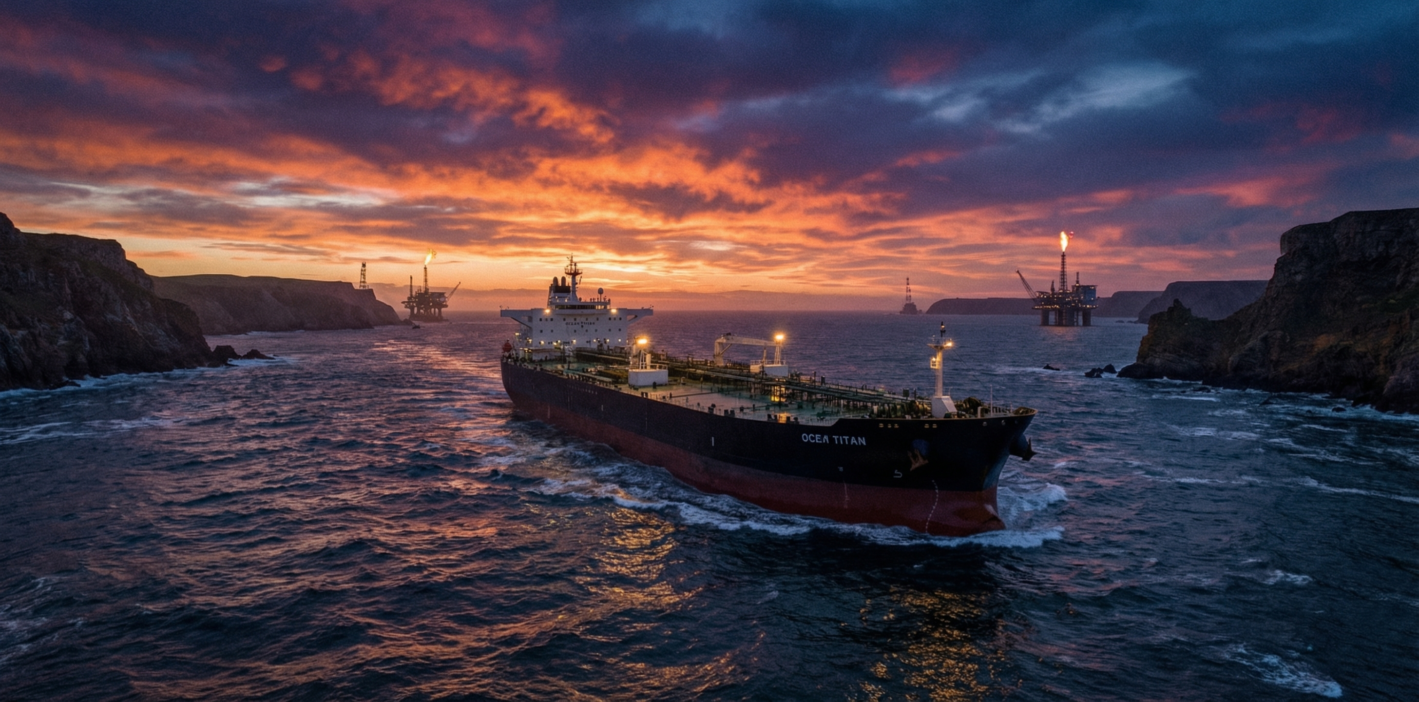 Aerial view of an oil tanker navigating a narrow strait at dusk with industrial oil platforms on the horizon, representing energy market disruption in the Middle East