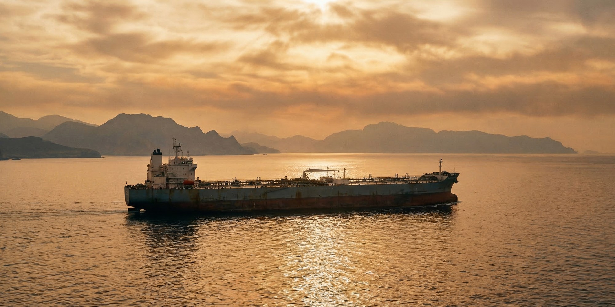Oil tanker navigating the Strait of Hormuz at dawn, golden light reflecting on calm water
