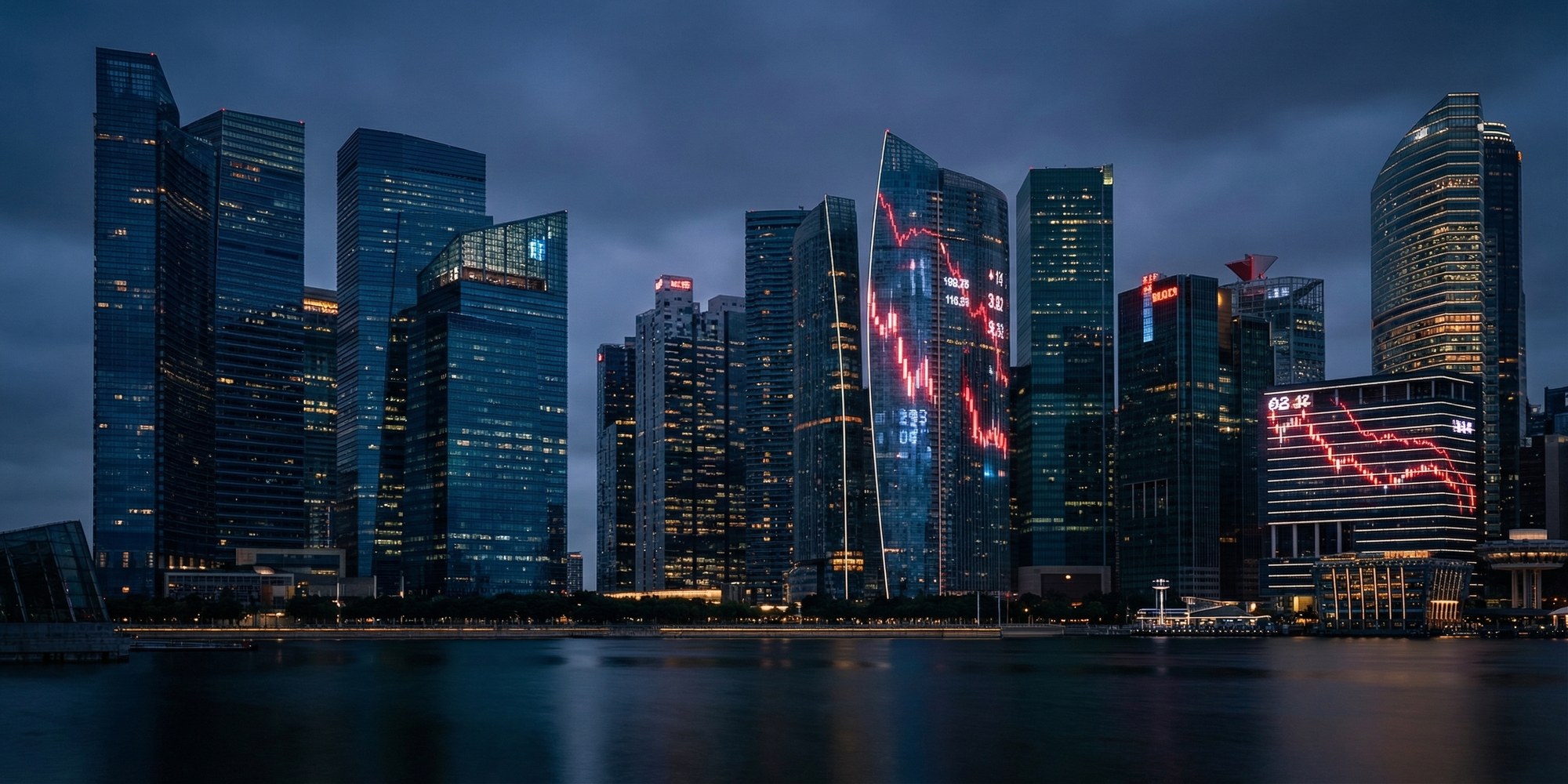 Global financial district skyline at night with cascading red market data on digital screens