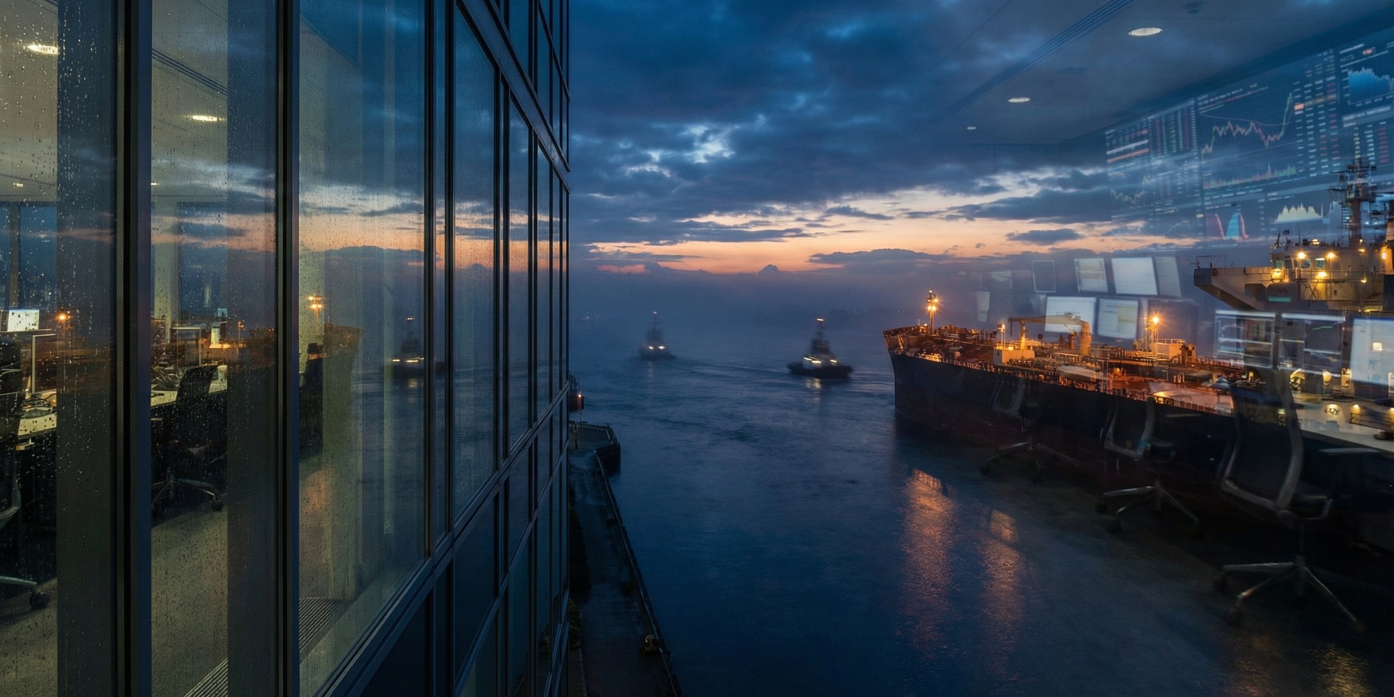 Oil tanker moving through a strategic strait with commodity market screens in the foreground