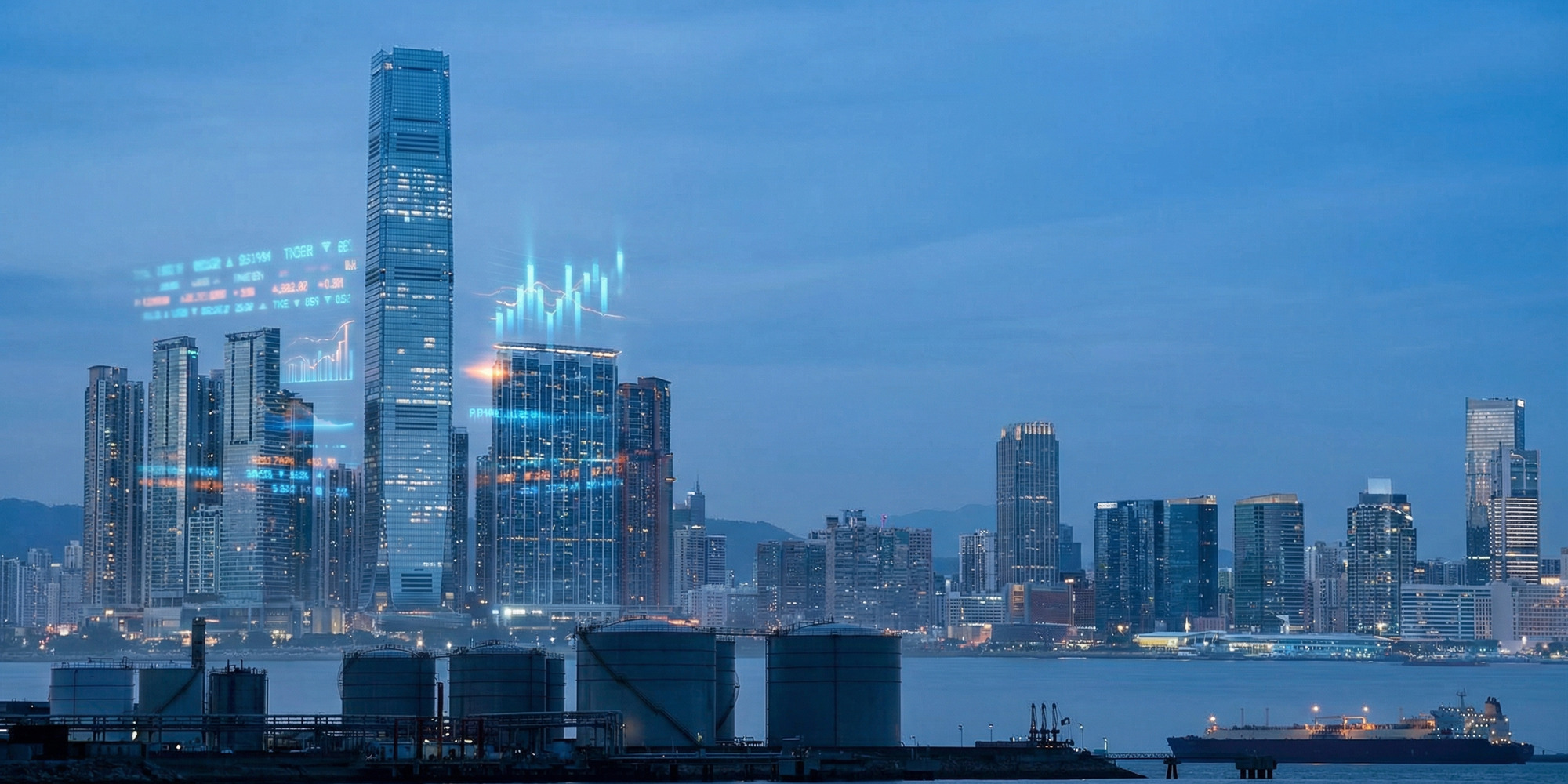 Global financial district skyline with oil storage terminal and digital market data boards at dusk