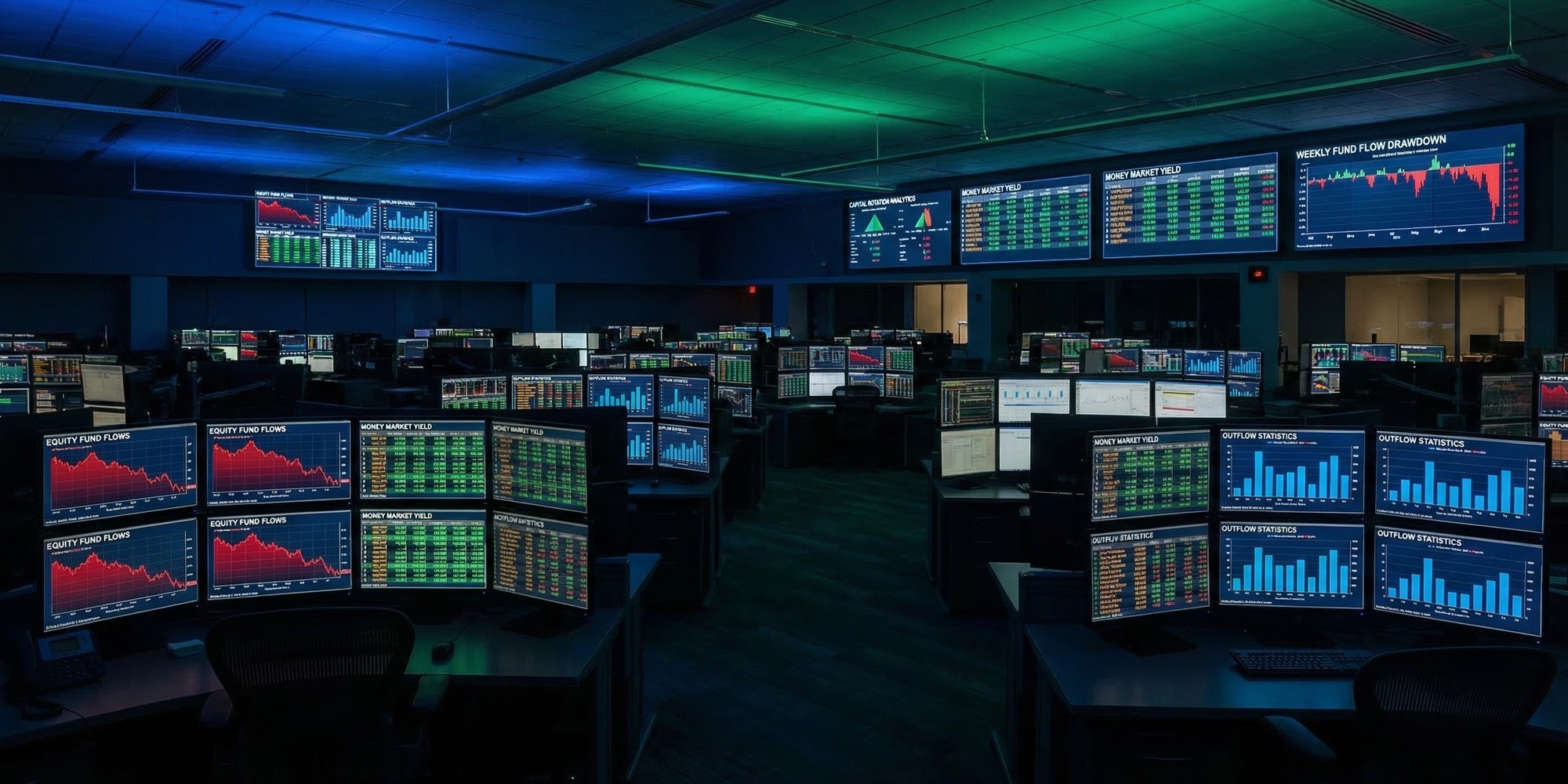 Institutional trading floor with rows of monitors displaying red fund flow charts and money market data in dark cinematic lighting