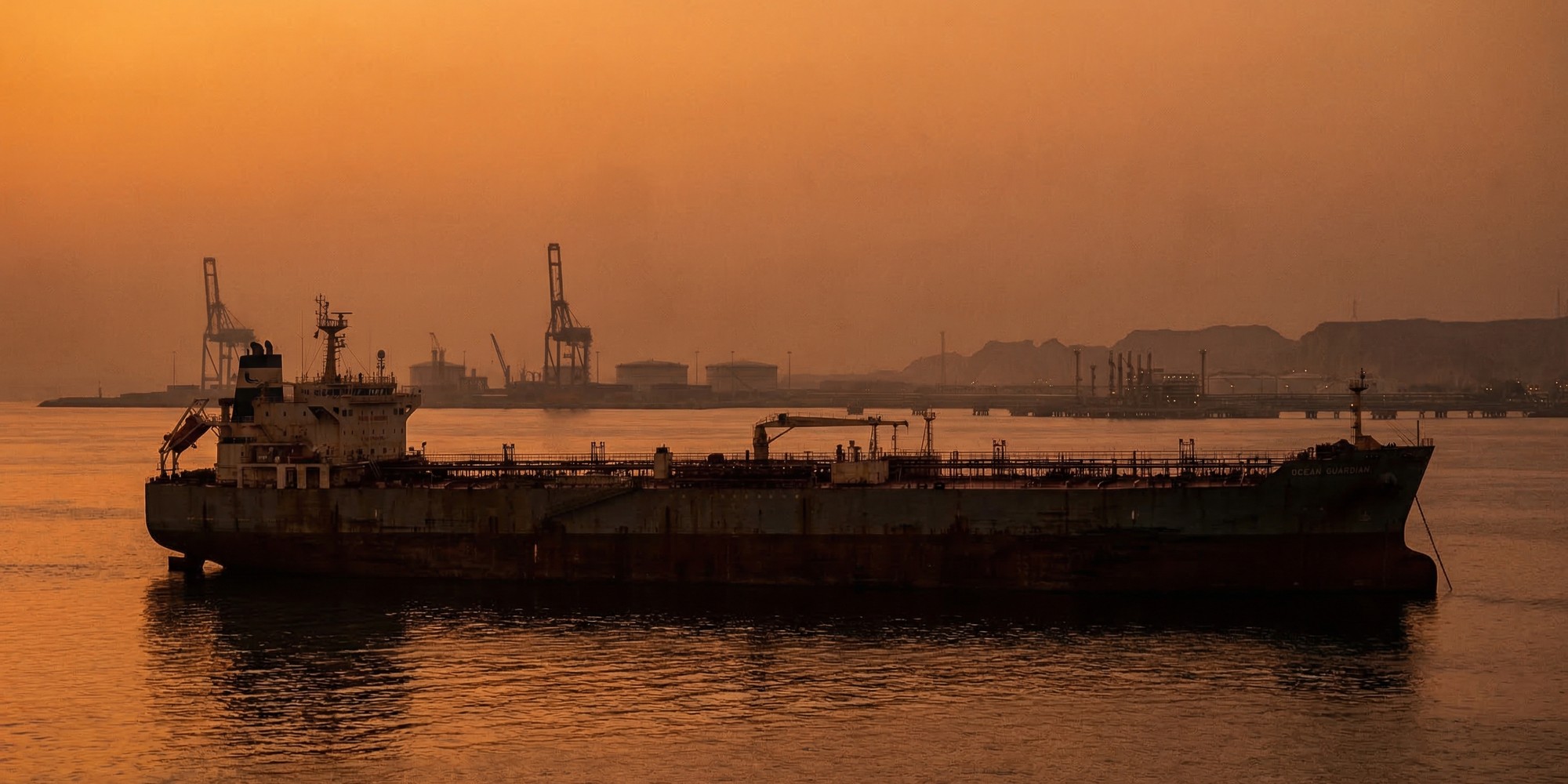 Oil tanker anchored at sunrise in the Strait of Hormuz with amber light on calm water and port silhouettes on the horizon