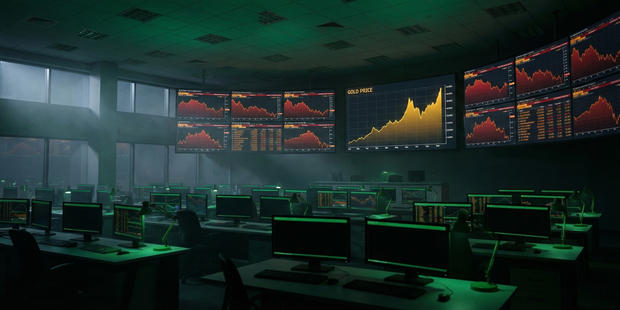 Global financial trading floor at twilight with red equity market charts on screens and a gold price trajectory glowing amber