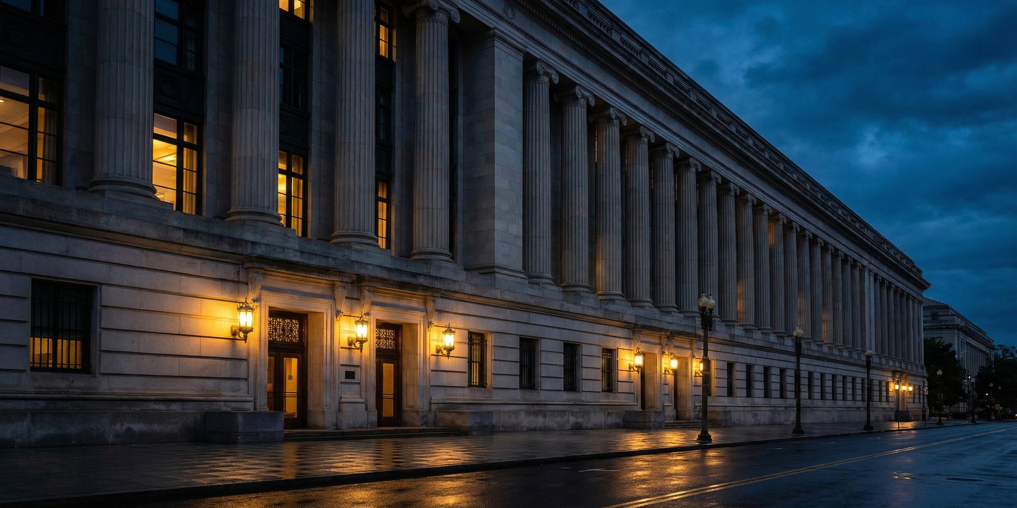 Federal Reserve building exterior in Washington DC at dusk, neoclassical architecture with columns under a dark moody blue sky