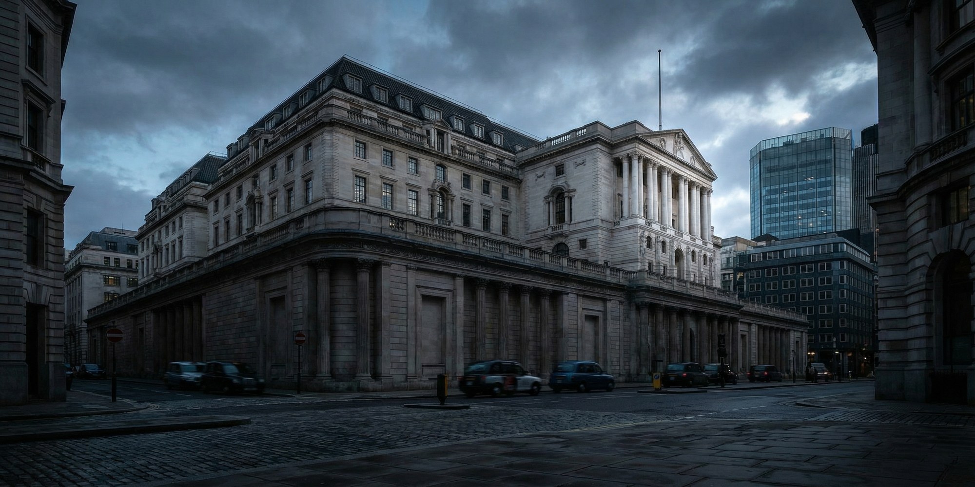 Bank of England building on Threadneedle Street London at dawn, neoclassical stone architecture under overcast sky