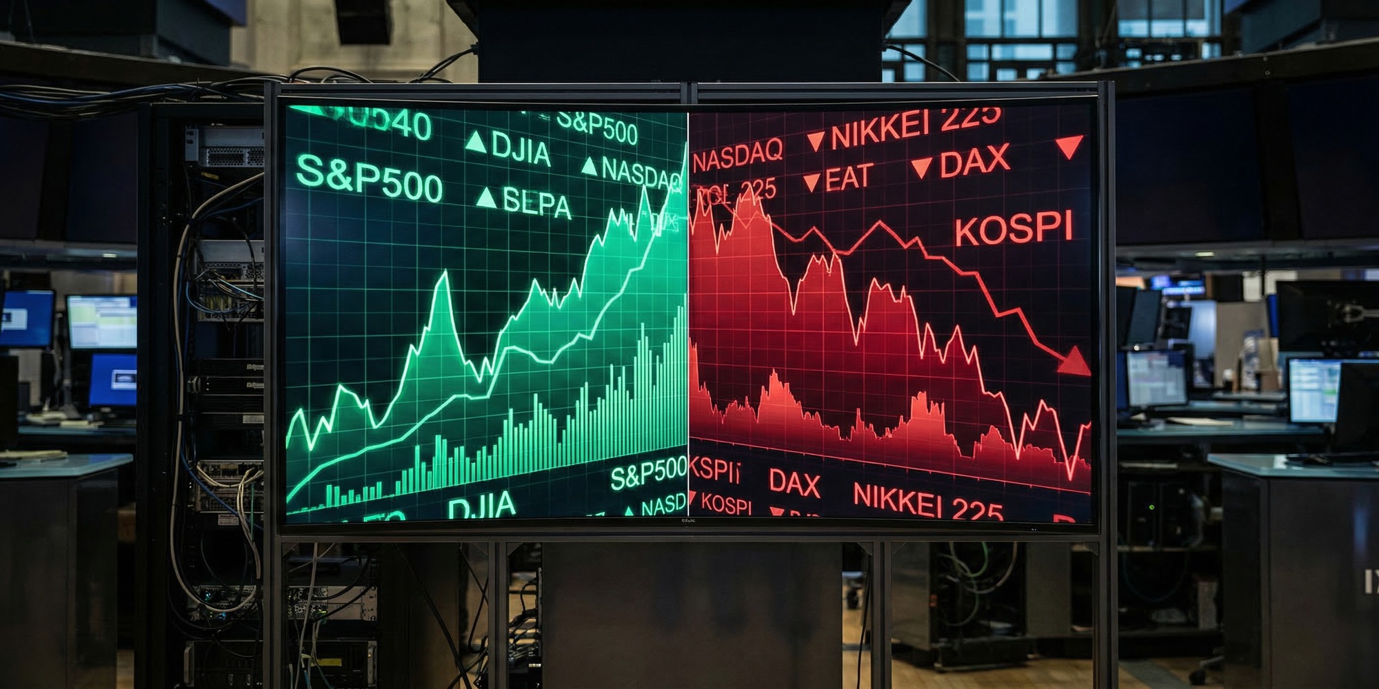 Split financial terminal display showing green upward US equity charts against red declining Nikkei and DAX charts in a dark trading floor setting
