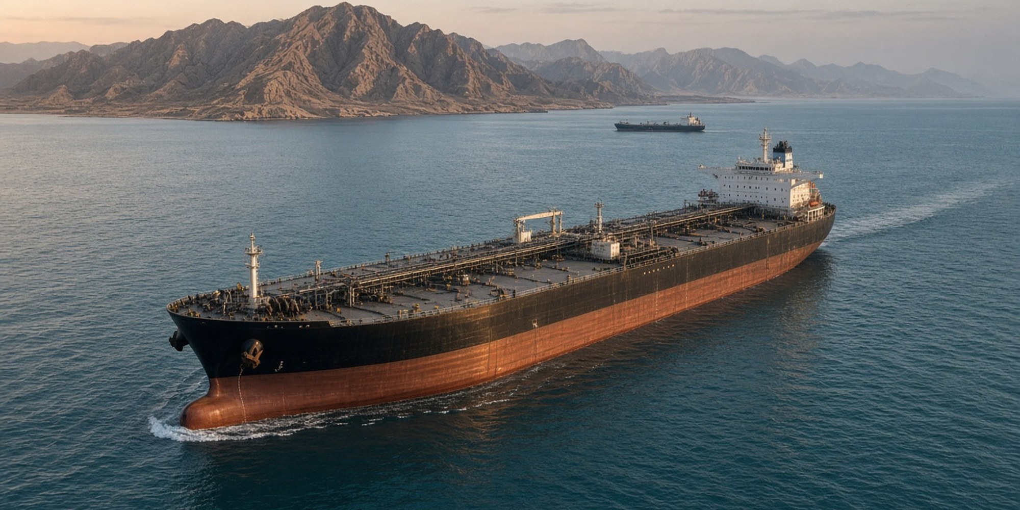 Crude tanker in the Strait of Hormuz with arid coastal mountains behind it at late afternoon