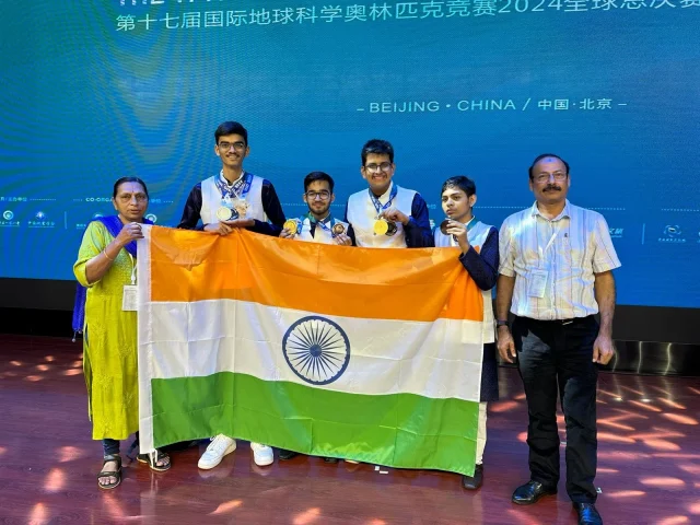 Indian student team at the 17th International Earth Sciences Olympiad in China with ministry officials.